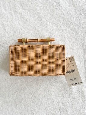 ZARA Wicker Bamboo Handle Mini straw clutch Bag NWT